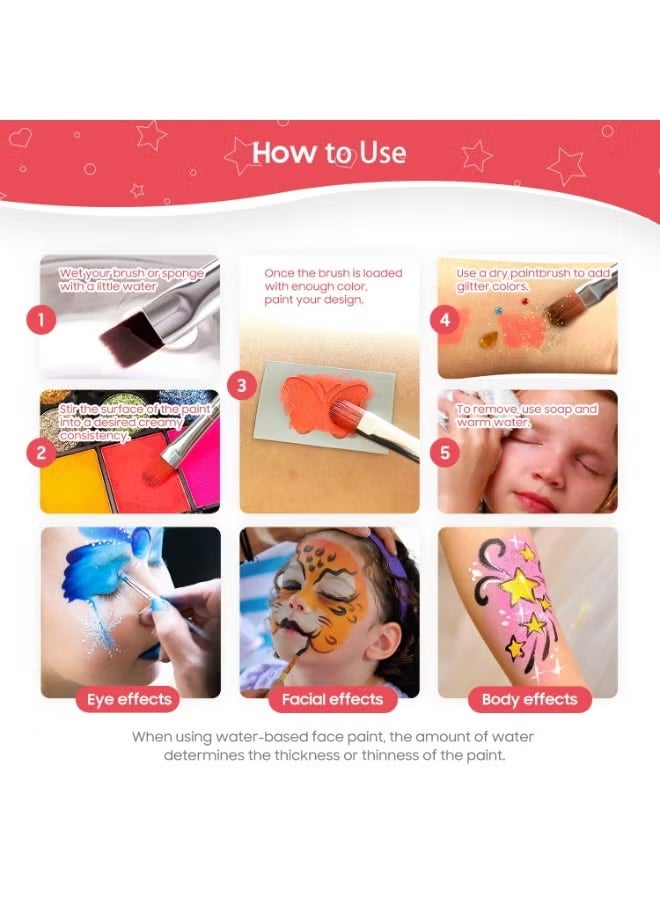 Face Painting Kit, 42 Color Aace Paint, Non Toxic Water Activated Face Paint Palette With Stencils, Brush, Gems. For Carnival, For Carnival, Halloween,Any Creative Activity for Teens & Adults - Image 4
